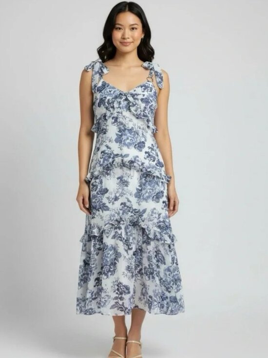 o.p.t Dresses & Skirts - NWT O.P.T. White and Blue Floral Ruffle Midi Dress M